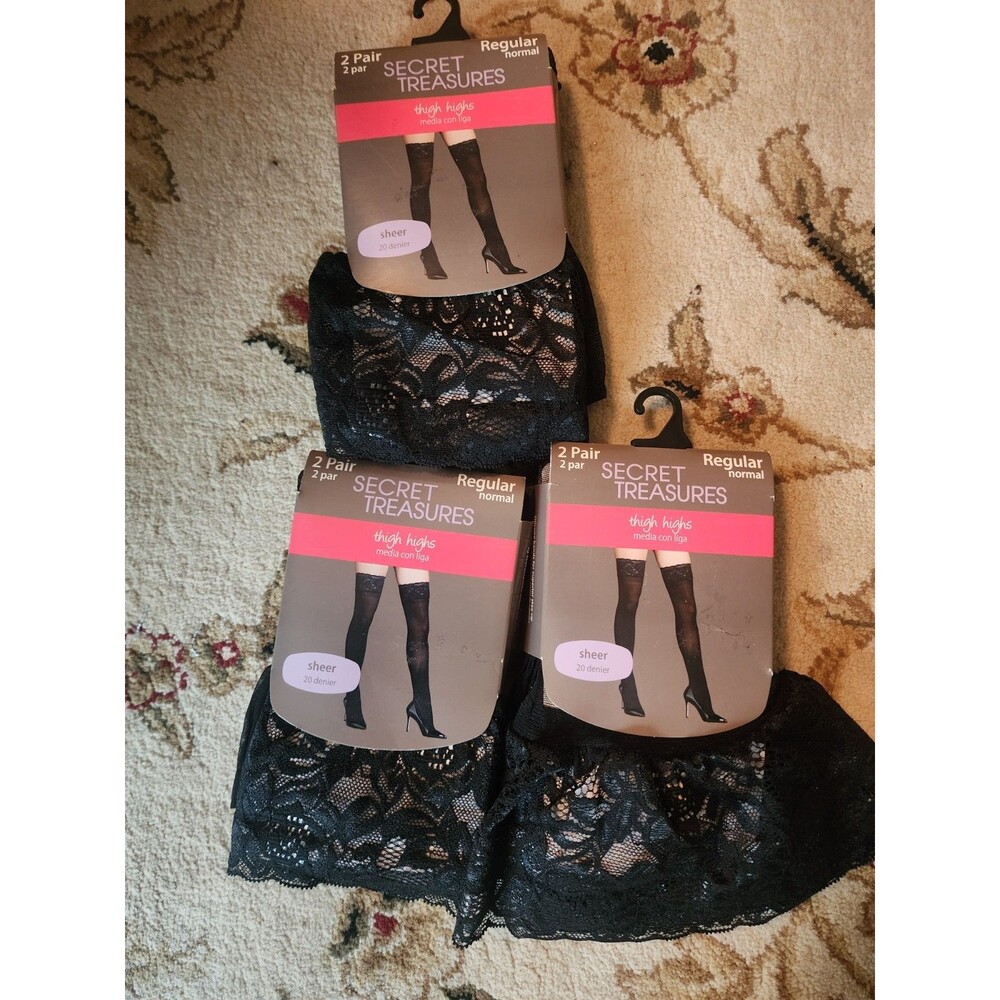 Secret Treasures Sheer Thigh Highs Regular Black Lace Top 6 Pairs 3 Packs NWT